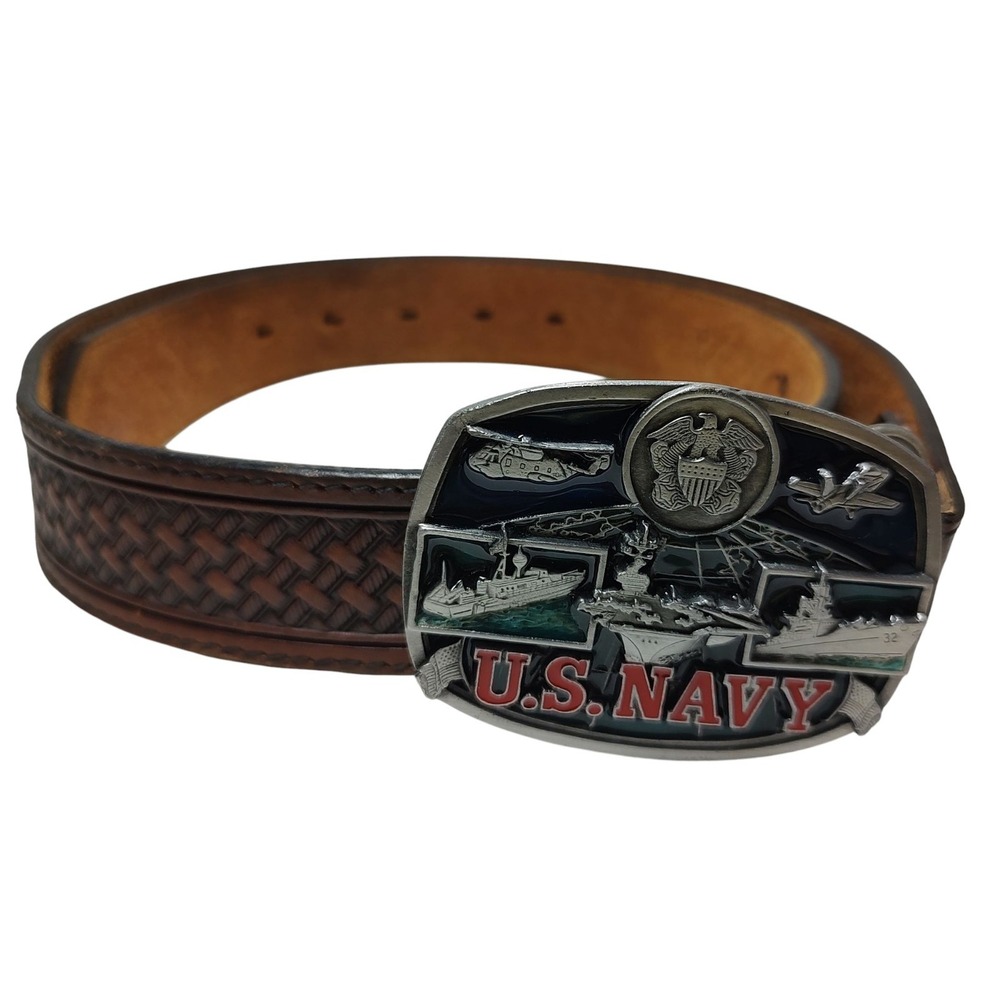 Silver Creek Leather Belt 36 82808 with US Navy Belt ‎ Buckle Bergamont Vintage